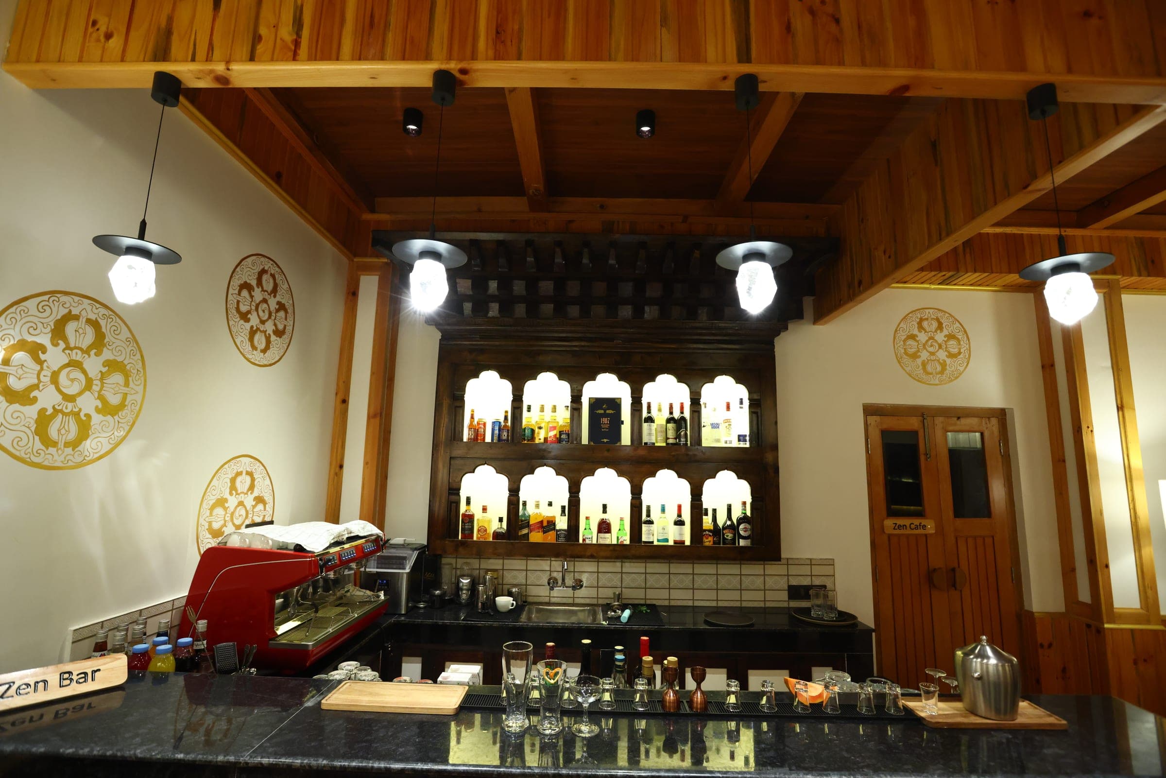 Back-bar display of wines and spirits at the Zen Bar, Highland Glamping