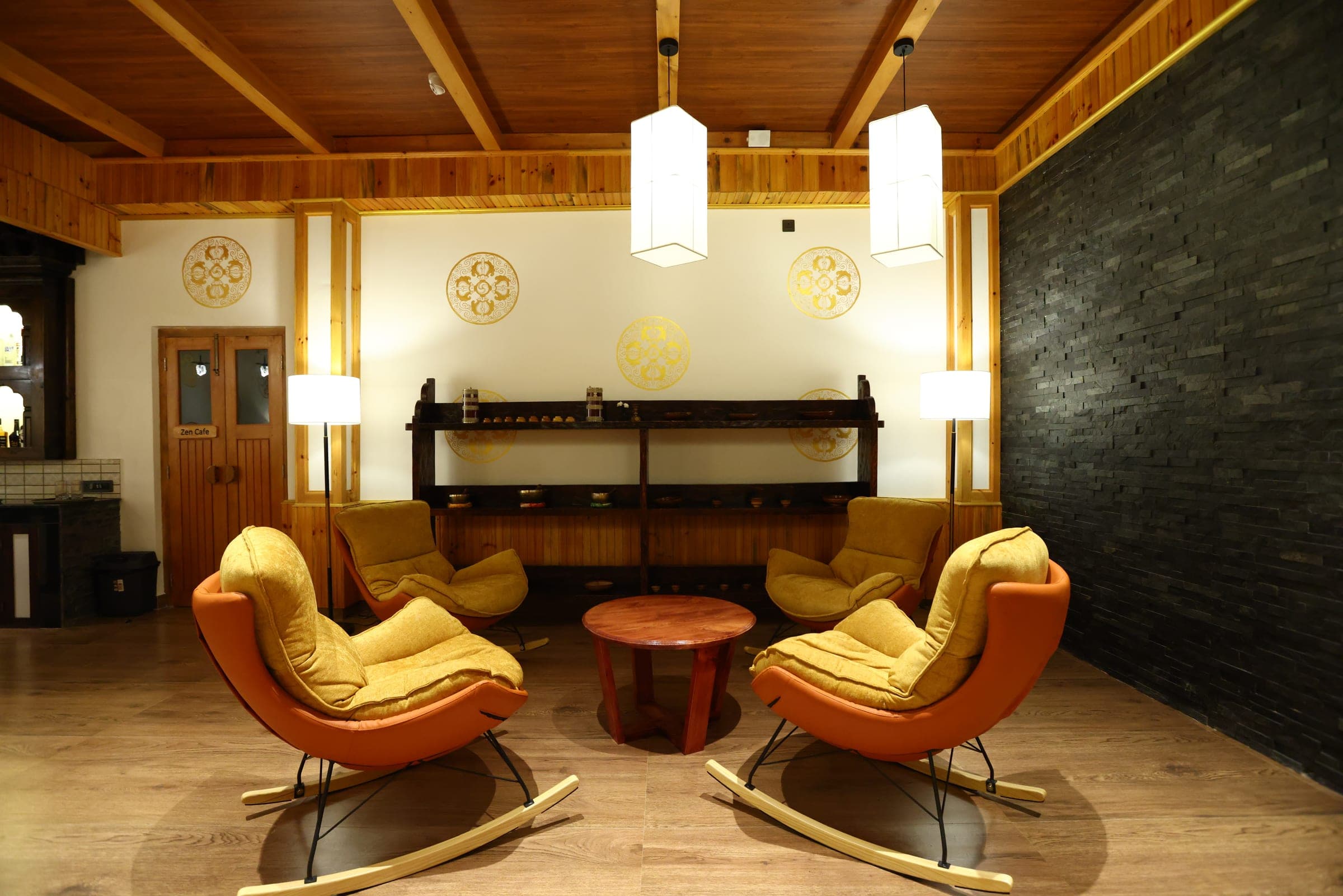 Intimate seating nook beside the bar at Highland Glamping