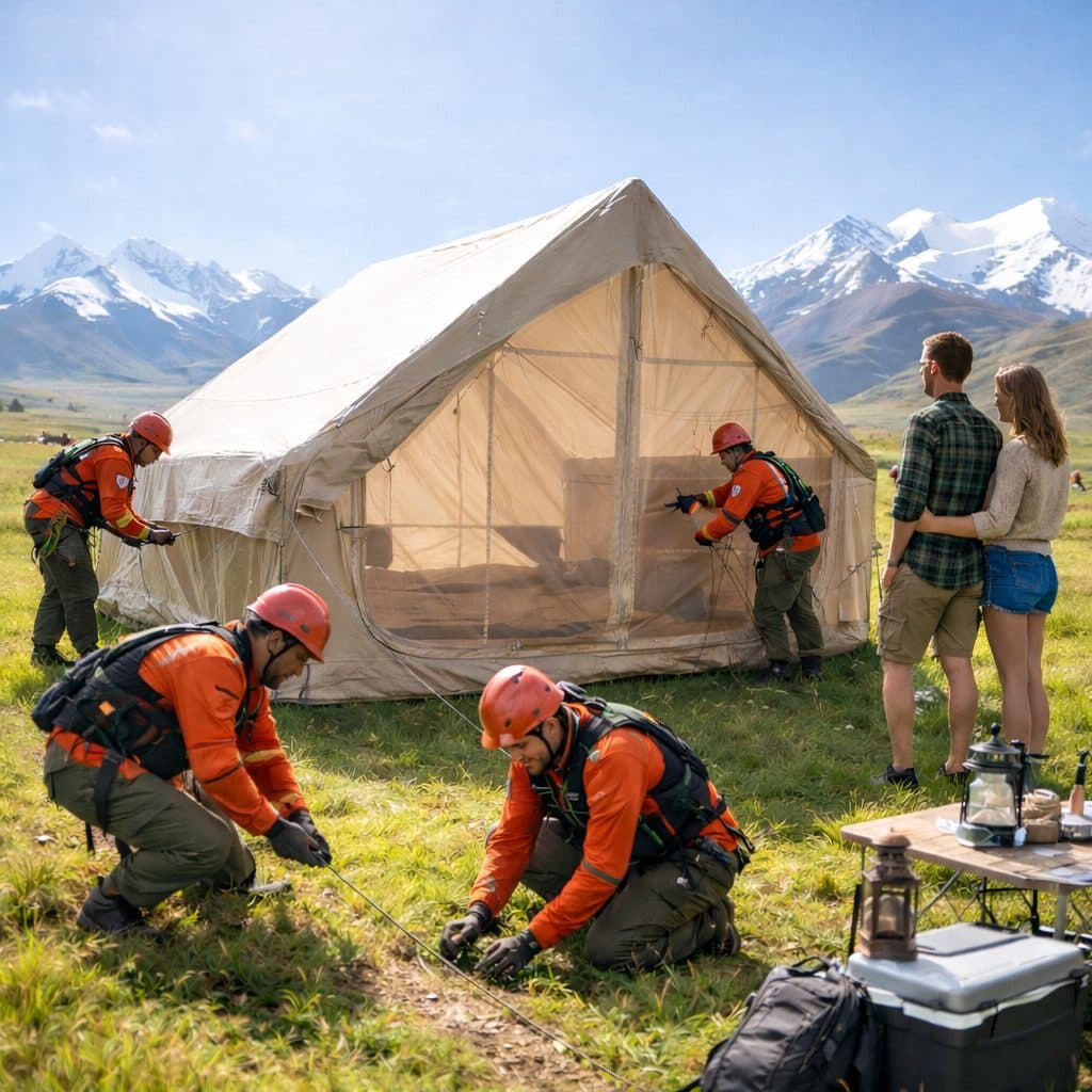 Camp team pitching a canvas tent for arriving guests in an open mountain meadow