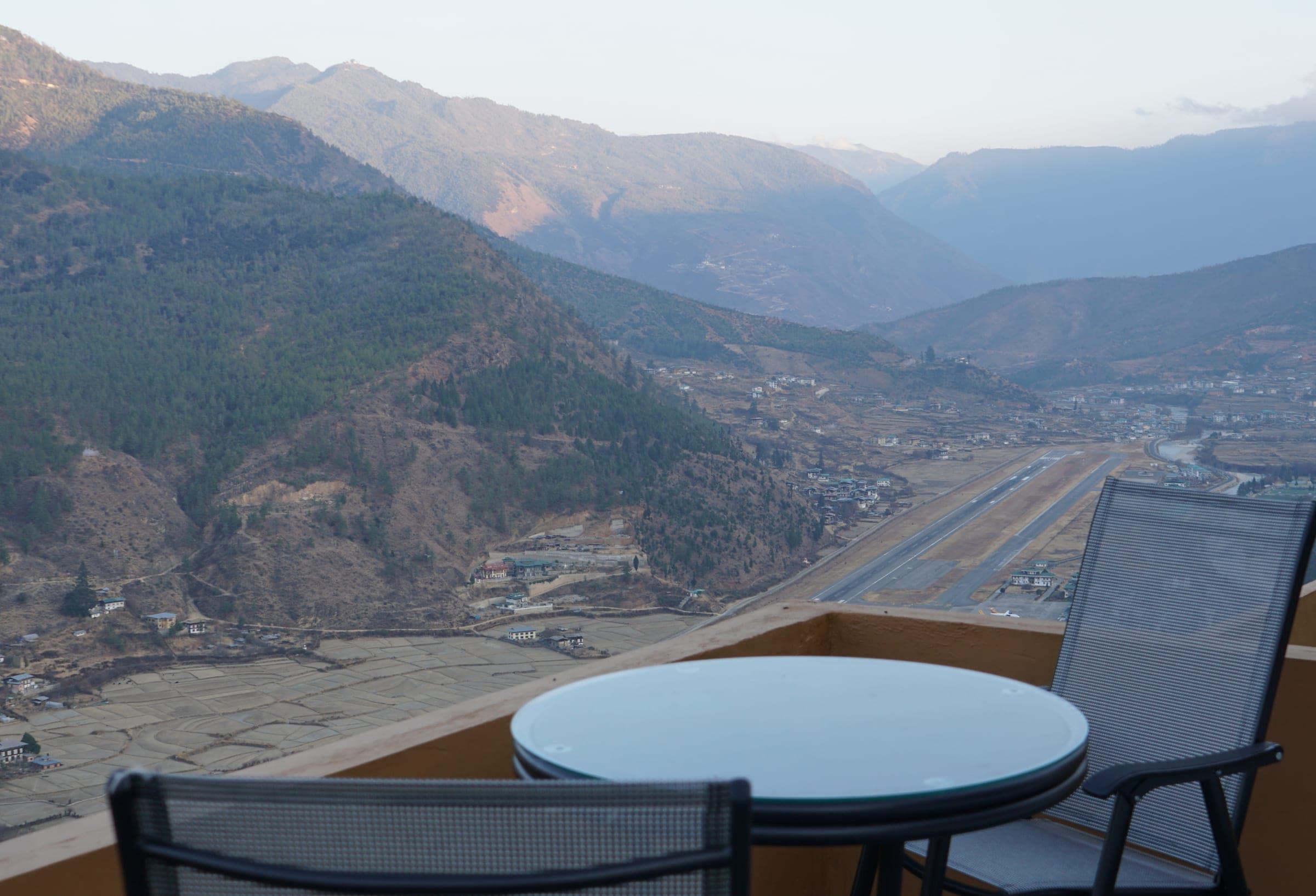 Hilltop terrace table overlooking the Paro valley at Zachakha
