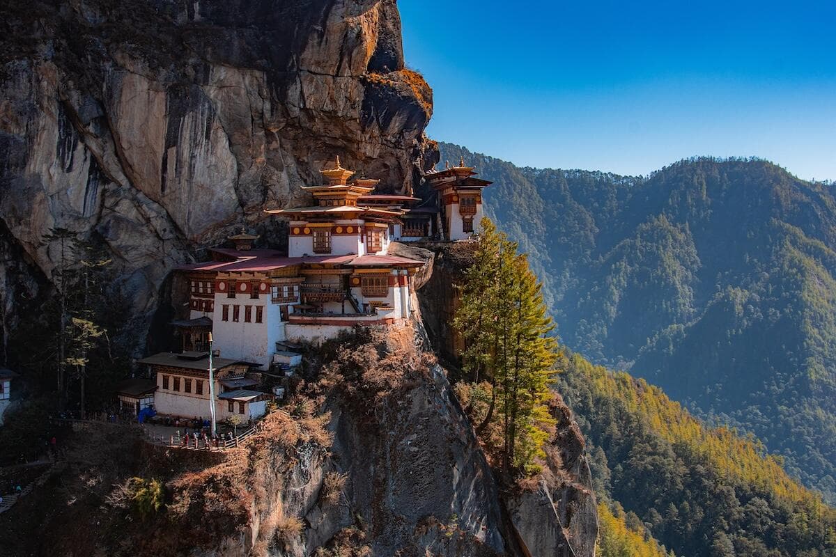 Paro Taktsang, the Tiger's Nest monastery, on the cliff face above the Paro valley in Bhutan