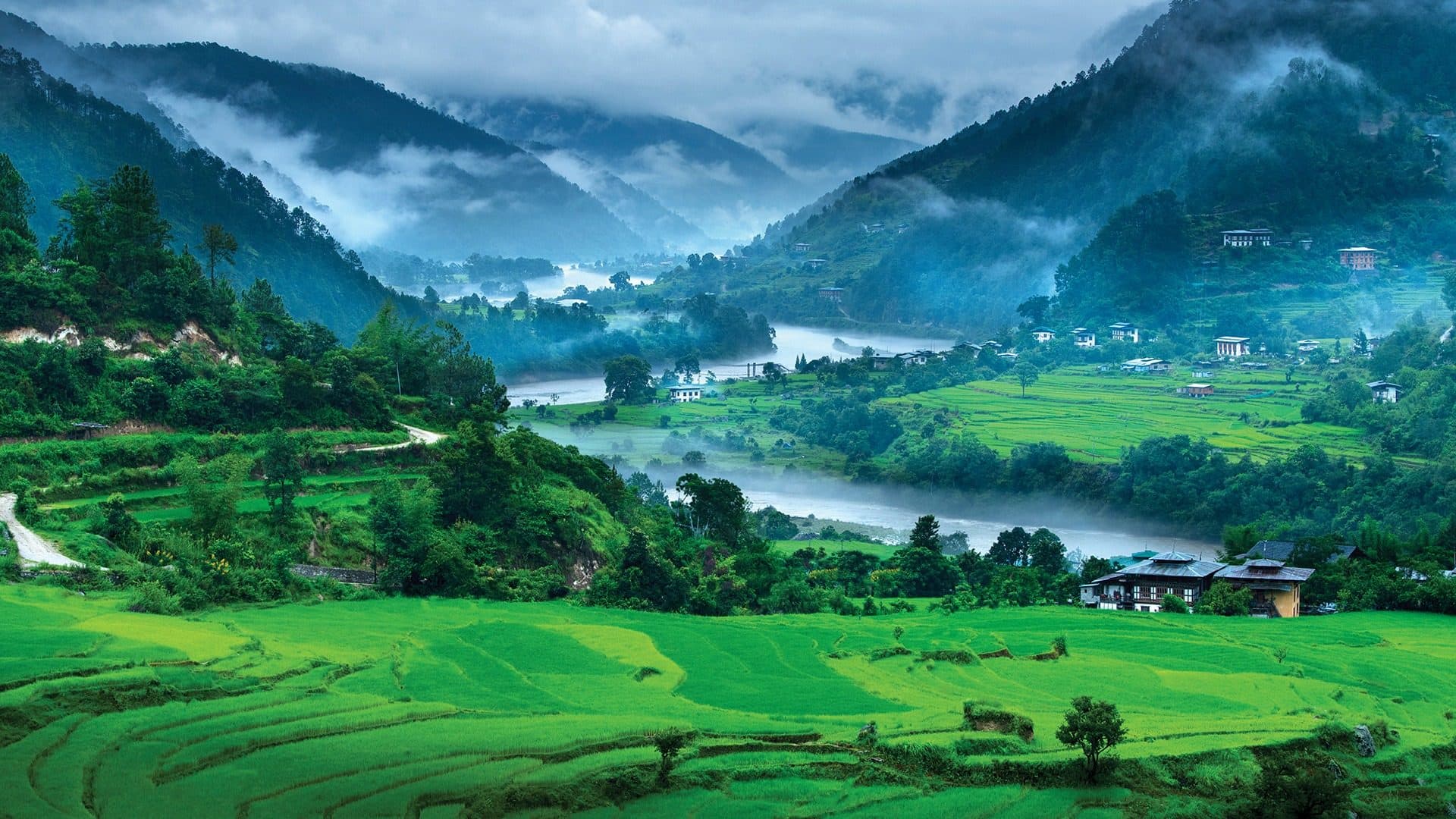 Mist over a Bhutanese river valley with terraced rice fields and traditional farmhouses
