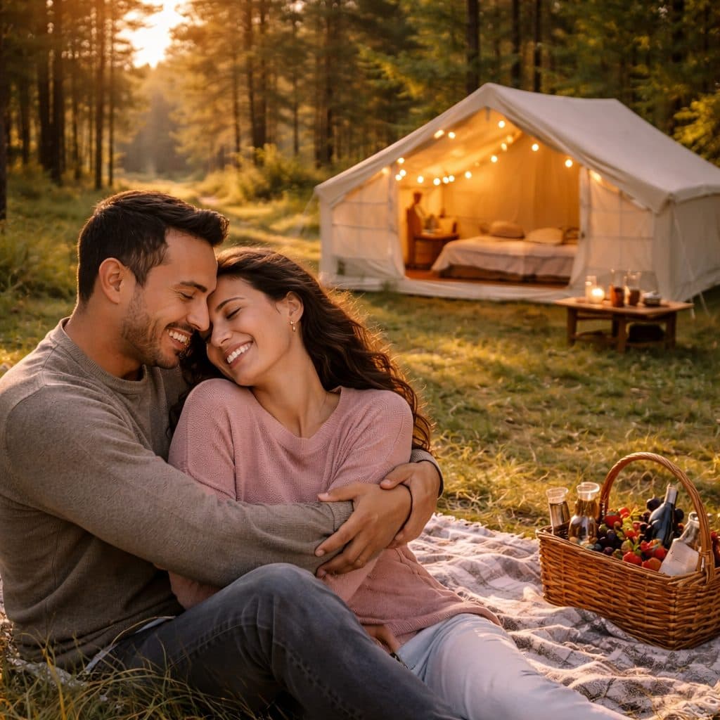 Guests relaxing on a blanket beside a lit camping tent in the forest at golden hour