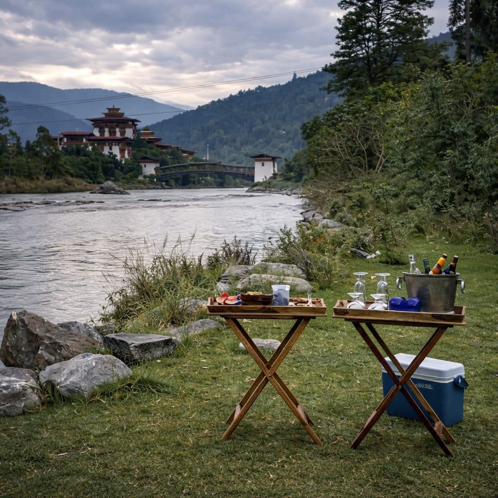 Riverside camping setup with refreshments laid out, Punakha Dzong across the water in Bhutan
