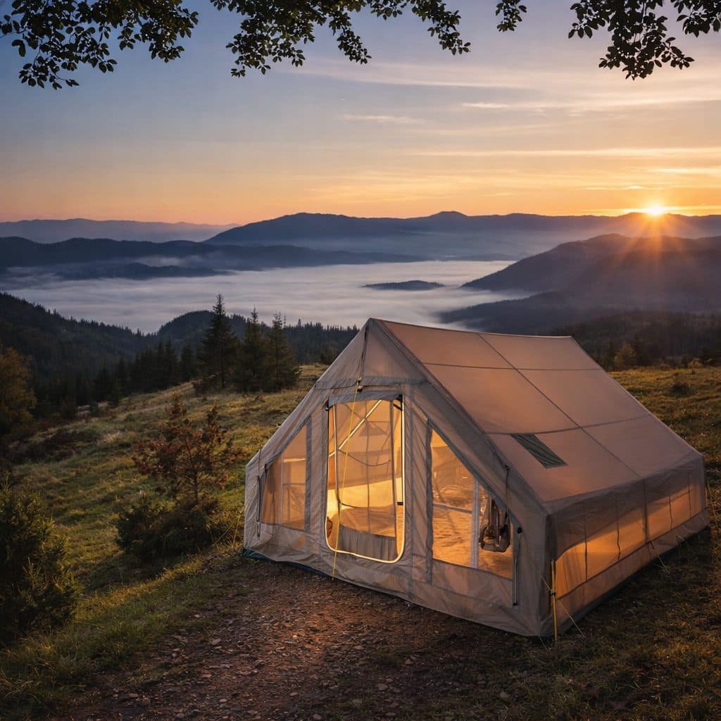 Comfortable camping tent with a made bed, lit at sunset above a mountain valley in Bhutan
