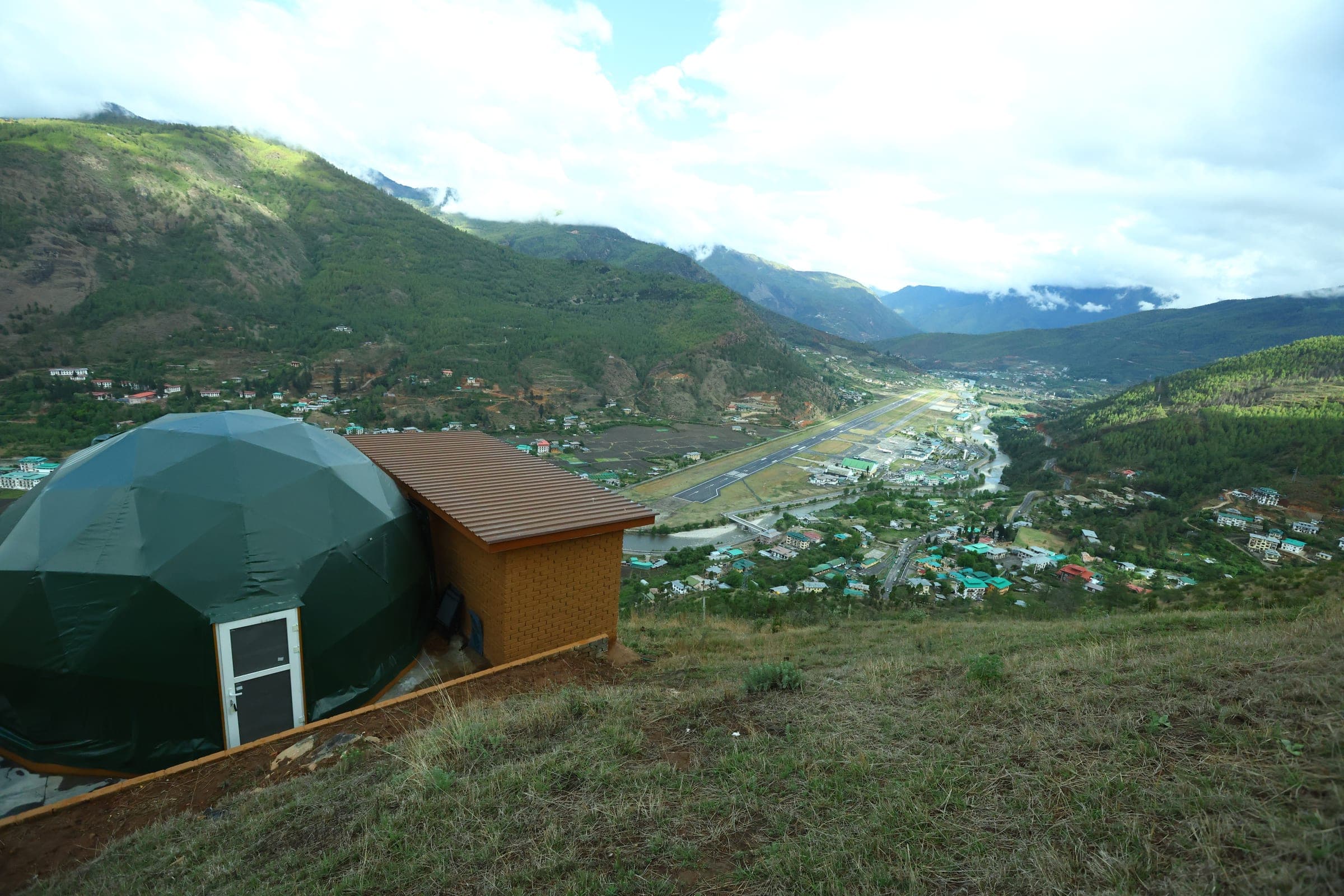 Panoramic view of the Paro valley from the Highland Glamping hilltop at Zachakha, Bhutan
